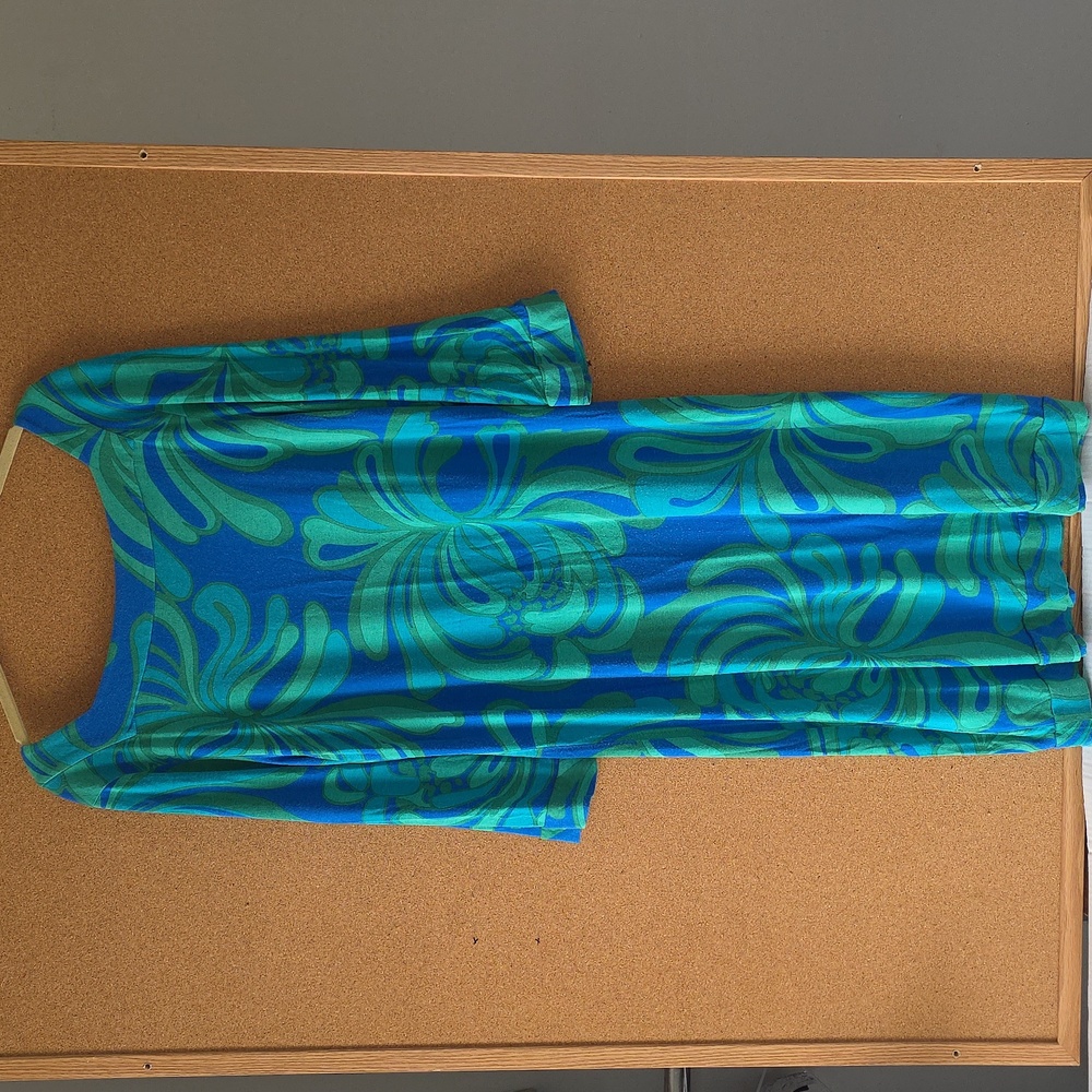 Lilly Pulitzer Blue Green Floral Dress L  3/4 Sleeve Casual Shift Dress - Picture 6 of 13